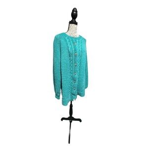 Vintage Hand Knit Sweater Cardigan Size M Jade Green Knit Button Up Granny core